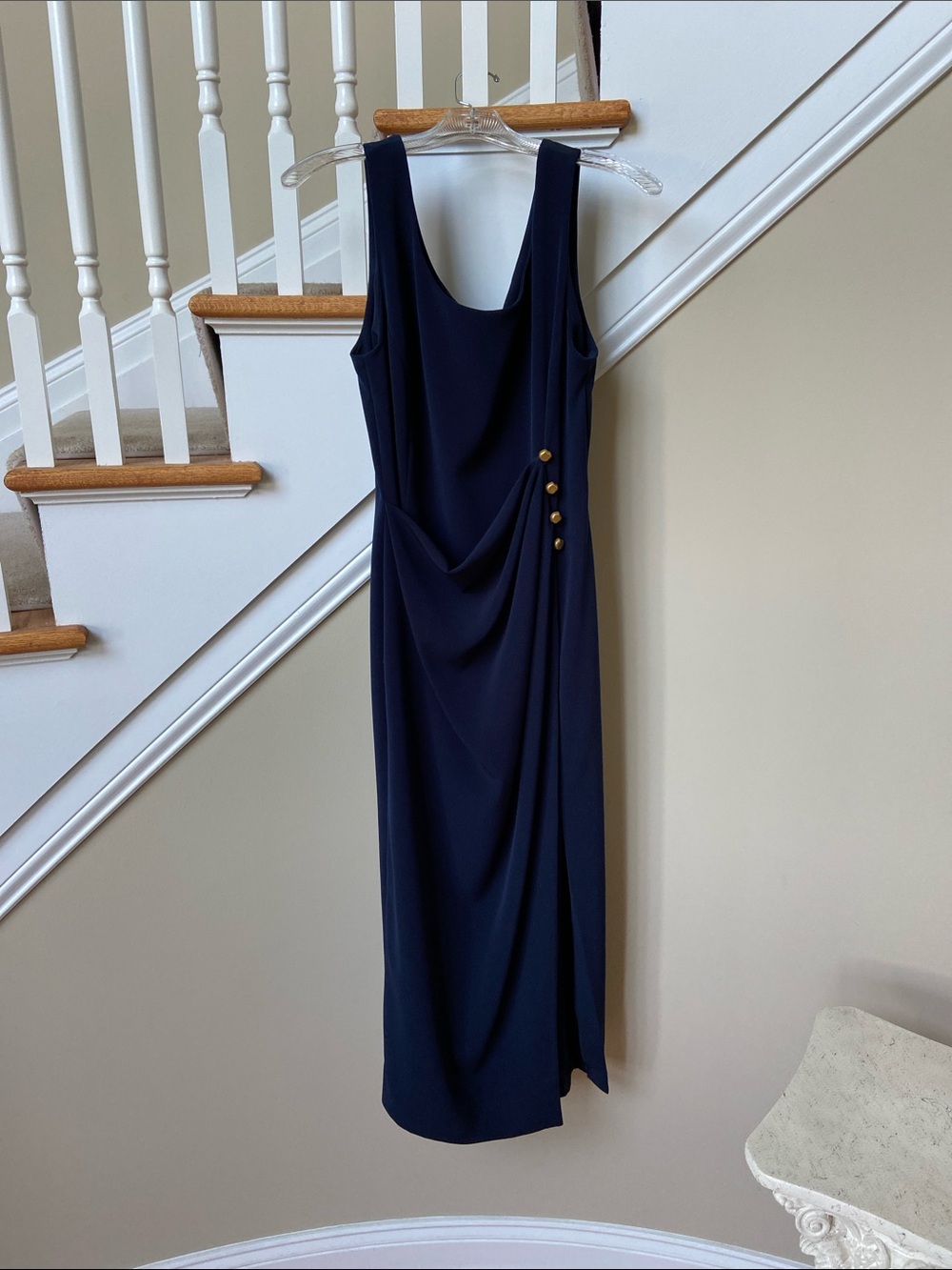 Evan Picone Sleeveless Navy Draped Gown with Gold Accents. Drapes Elegantly.